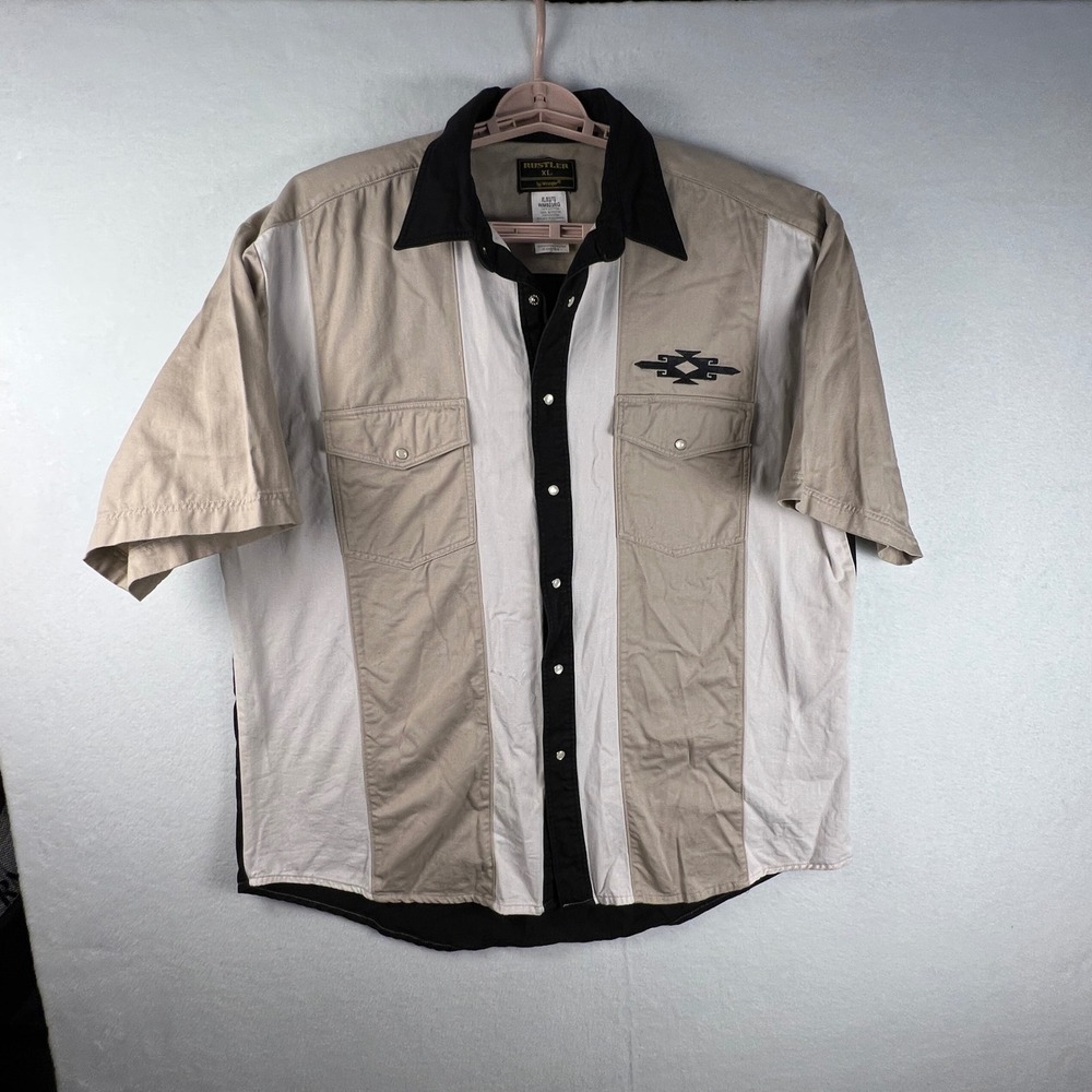 Vintage Rustler by Wrangler Mens XL Western Shirt Pearl Snap Colorblock Aztec